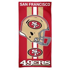 the san francisco football team is depicted on a red and white striped banner with an image of a helmet