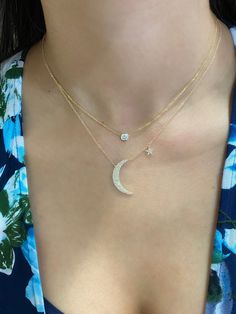 "14kt gold, total weight approx. 2.5 grams, Single-cut round diamonds total weight 0.28 ct. G-H color, SI2 clarity. GIA standards Crescent moon and star necklace is the perfect statement necklace for any occasion & has just the right amount of bLing. This necklace is currently available in your choice of 14k yellow, white or pink gold and comes on an adjustable 16\" --> 17\" --> 18\" cable chain with barrel clasp. **Specifics** 14kt gold, total weight approx. 2.5 grams Single-cut round Moon Star Necklace, Moon And Star Necklace, Crescent Moon And Star, Star Ring, Moon Star, Star Necklace, 14kt Gold, Crescent Moon, Stars And Moon