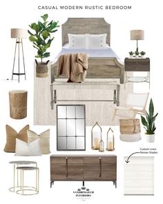 a bedroom design board with neutral colors and white furniture, including a bed, nightstands,