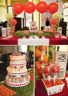 an assortment of desserts and sweets displayed on a table with balloons in the background