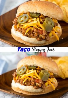 two pictures of taco sloppy joes with cheese and jalapenos on top