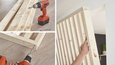 four pictures showing how to build a diy bench with wood slats and drill holes