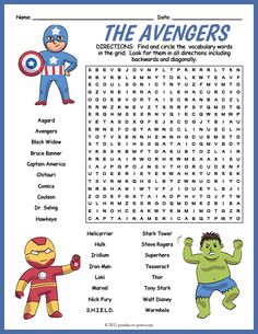 the avengers word search is shown in this printable activity sheet for kids to learn how to