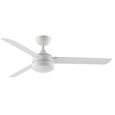 a white ceiling fan with two blades on the top and one light on the bottom