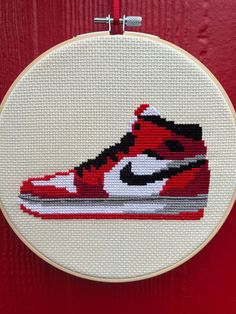 Air Jordan Shoe Cross Stitch Pattern This is an instant digital download of the PDF cross stitch pattern  Count Size: 74 x 55 Pictured on 7 inch embroidery hoop Shoe Cross Stitch, Jordan Shoe, Air Jordan Shoes, Red Shoes, Embroidery Hoop, Le Point, Cross Stitch Pattern, Stitch Pattern, Cross Stitch Patterns