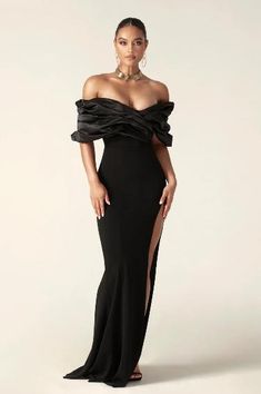 Black Night Gown Dress, Black Woman Dress Classy, Draped Ruffles Evening Dress, Elegant Draped Evening Dress With Ruffles, Glamorous Fitted Gown With Draped Sleeves, Fitted Draped Evening Gown, Fitted Evening Gown With Ruffles, Pre-draped Fitted Evening Dress, Fitted Draped Evening Dress