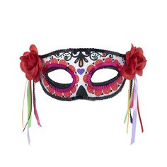 A hauntingly beautiful masquerade mask that's perfect for Day of the Dead!The half mask is made of plastic with eye holes, and secures with a ribbon tie around the back of the head. The sugar skull eye design is highlighted by sequins, ribbons and red fabric roses to each side. Mask Halloween Costume, Sugar Skull Costume, Sugar Skull Face, Skull Face Mask, Sugar Skull Design, Half Mask, Halloween Costume Shop, Halloween Store, Mask Halloween