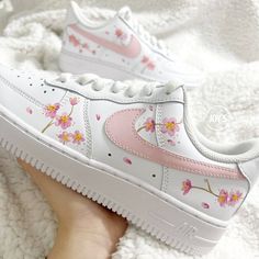 Pink Flowers Custom Air Force 1 Sneakers - Sneakers Joy's Paint For Shoes, Air Force 1 Sneakers, Custom Shoes Diy, Dr Shoes, Nike Shoes Girls, Nike Fashion Shoes, Preppy Shoes, All Nike Shoes, Personalized Shoes