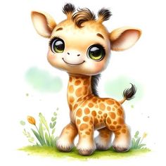 a baby giraffe with big eyes standing in the grass and looking at the camera