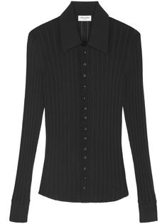 black wool ribbed knit classic collar front button fastening long sleeves curved hem Ribbed Button-up Workwear Tops, Black Collared Cardigan For Work, Classic Black Ribbed Cardigan, Long Sleeve Ribbed Cardigan For Work, Classic Black Ribbed Outerwear, Fitted Button-up Outerwear With Ribbed Cuffs, Fitted Collared Cardigan For Work, Formal Fall Tops With Ribbed Cuffs, Elegant Black Ribbed Cardigan