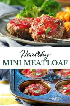 healthy mini meatloaf muffins with ketchup and broccoli