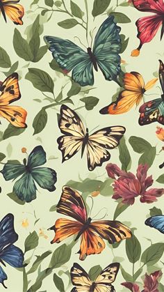 a bunch of butterflies that are on some leaves