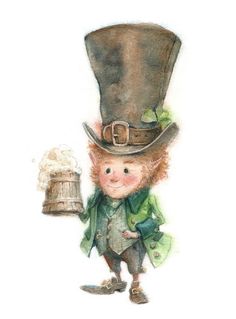 a watercolor drawing of a leprechaun holding a beer in his hand