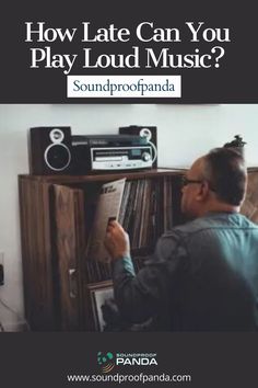 a man sitting in front of a radio with the words how late can you play loud music?