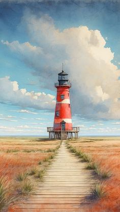 a painting of a lighthouse in the middle of a field with a path leading to it