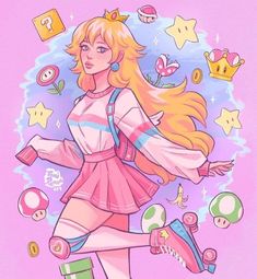 a drawing of a girl with long blonde hair and pink dress holding a skateboard