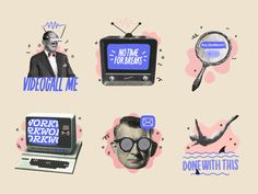 an assortment of stickers depicting different types of media