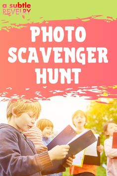 a young boy reading a book with other children in the background text reads photo scavenger hunt