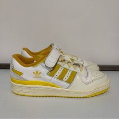 Adidas Originals Forum 84 Low Sneakers -Size 7 (8 Women’s) -Off White/Hazy Yellow -Leather And Textile Upper -Rubber Sole -Lace-Up And Strap Closure -Nwt -New Without Box Yellow Adidas Lace-up Sneakers, Retro Mustard Low-top Sneakers, Yellow Sporty Skate Shoes With Gum Sole, Yellow Low-top Custom Sneakers With Cushioned Footbed, Yellow Sporty Sneakers With Gum Sole, Retro Yellow Skate Shoes For Sports, Yellow Adidas Sporty Sneakers, Yellow Skate Shoes With Boost Midsole And Round Toe, Yellow Adidas Sneakers Sporty Style