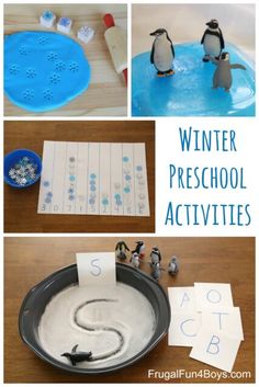 winter preschool activities for kids to do with the snowman and penguin theme, including letter recognition