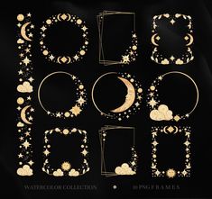 the golden moon and stars are on black paper with gold trimmings, surrounded by frames