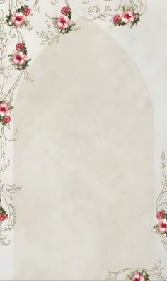 an ornate arch with pink flowers and vines on white paper in the center is a blank space for your text