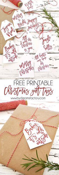 christmas gift tags with the words free printable on them and tied in twine