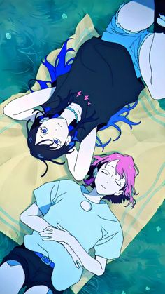 two anime characters laying on top of each other in the water with their backs to one another