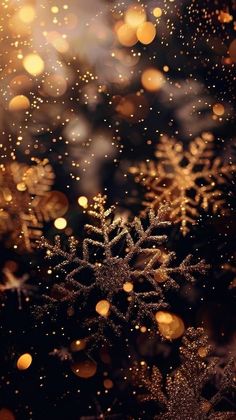 snowflakes are shining in the dark with gold and white lights behind them, as well as blurry boke