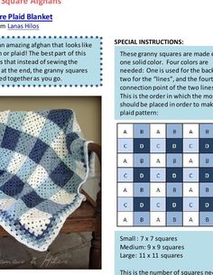 a blue and white crocheted afghan is shown with the instructions for it to be made