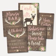 three wooden signs with deer and flowers on them, one is for baby's first birthday