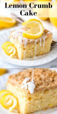 a slice of lemon crumb cake with white glaze topped with a lemon slice on a white plate Lemon Breakfast Cake, Lemon Breakfast, Crumb Cakes, Cake Brownies, Lemon Treats, Crumb Cake Recipe, Lemon Dessert