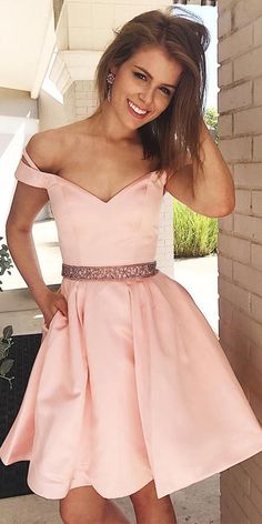 Off the Shoulder Short Pink Party Dress Homecoming Dress with Pockets PD281 #homecomingdress #homecomingdresses #partydress #eveningdress #2019homecoming #cocktaildress #graduationdress #homecoming Dresses Dinner, Off Shoulder Ball Gown, Cute Blush, Long Bridal Gown, Ball Gowns Wedding Dress, Homecoming Dress Short, Pink Party Dresses, Homecoming Dresses Tight, Dress Homecoming