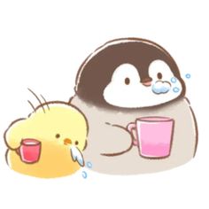 a penguin with a cup and a bird holding a mug in its paws, one is crying