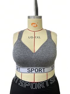 Grey  Collar Sleeveless Knitted Fabric Colorblock,Letter  Embellished High Stretch  Women Plus Activewear Gray Stretch Sports Bra For Sports Season, Stretch Gray Sports Bra, Gray Stretch Sports Bra, Sweat Resistant, Gray Racerback Sports Bra For Running, Gray Stretch Sweat Resistant Sports Bra, Gray Racerback Sports Bra For Light Sports, Gray Racerback Sports Bra, Breathable Gray Sports Bra For Light Sports, Gray Sports Bra For Sports Season