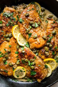 chicken with lemons and capers in a skillet