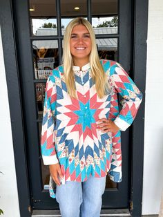 Get cozy in The Quiltie Top, an oversized button-up tunic with a trendy quilted design. Featuring a comfortable collar and stylish high-low cut, this top is perfect for a casual day out or a night in. The cuff sleeves add a touch of sophistication. Chelsea in Beige is wearing a size L/XL. Height is 5’8”, Bust is 36”, Waist is 29. Ashley in Turq. is wearing a size S/M. Height is 5’6”, Bust is 34”, Waist is a 28. Trendy Fall Loungewear Blouse, Collared Blouse For Loungewear In Fall, Casual Fall Tunic With Buttons, Bohemian Collared Tops For Fall, Fall Bohemian Collared Tops, Fall Multicolor Long Sleeve Tunic, Casual Multicolor Tunic For Fall, Casual Fall Tunic For Loungewear, Fall Button-up Casual Tunic