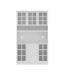 a white bookcase with glass doors and drawers on the front, against a white background