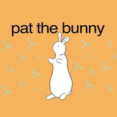 a white rabbit with the words pat the bunny on it's back and an orange background