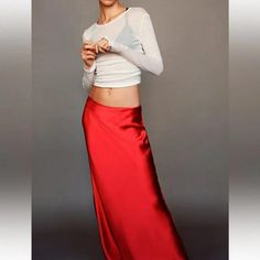 Long, High-Waisted Skirt With Elastic Waistband. Red Jean Midi Skirt, Zara Midi Skirt, White Skater Skirt, Skirt With Elastic Waistband, Full Midi Skirt, Bow Skirt, Wool Mini Skirt, Bubble Skirt, Zara Skirts