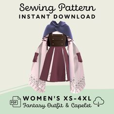 Fantasy Outfit and Capelet Sewing Pattern Womens XS-4XL PDF Cosplay Pattern Digital Download Print at Home Pattern - Etsy Cosplay Sewing Patterns Free, Pattern Store, Fabric Width, Fantasy Clothing, Pop Culture, Sewing Patterns, Sewing, Couture, Pattern