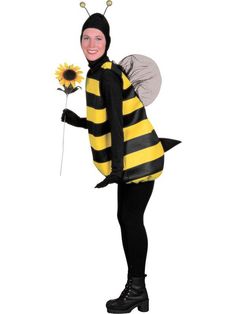 a woman in a bee costume holding a flower