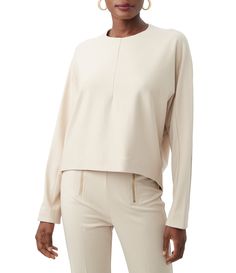 From Trina Turk&#x2C; this top features:Ponte knit fabrication Round neckline Long sleevesFront & back seam detail Runs true to size Hi-low hemline Back half zip placket closureApprox. 22" length Rayon/nylon/elastane Hand wash Imported. Beige Ribbed Neckline Top For Work, Beige Tops With Ribbed Neckline For Work, Chic Beige Tops With Ribbed Neckline, Chic Viscose Crew Neck Top, Plus Swimwear, Signature Print, Trina Turk, Chic Woman, Dillard's