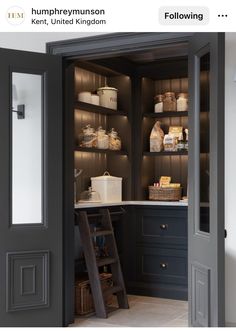 an open door to a kitchen with shelves and drawers