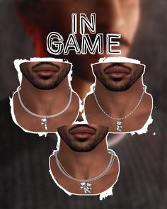 the face of a man with three necklaces on his neck and chest, as if in game