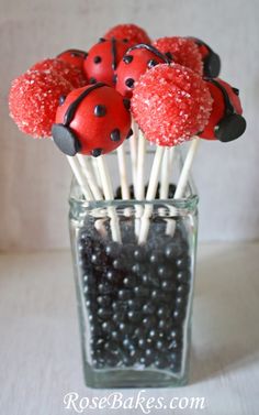 red and black cake pops with ladybugs on them in a clear glass vase