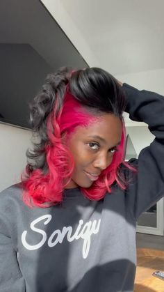 One Color Dyed Hair Ideas, Hairstyles For Black Women Colored Hair, Creative Peekaboo Hair Color, Red And Black Hair Color Black Women, 2 Skunk Stripes Hair, Different Color Hair Ideas Black Women, 2 Skunk Stripes, Hot Pink Natural Hair