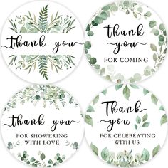 four round stickers with greenery and thank you for coming to the wedding party