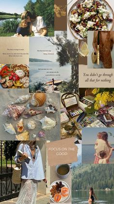 a collage of pictures with people and food on them, including an image of the ocean