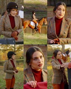 a collage of photos with a woman in riding gear